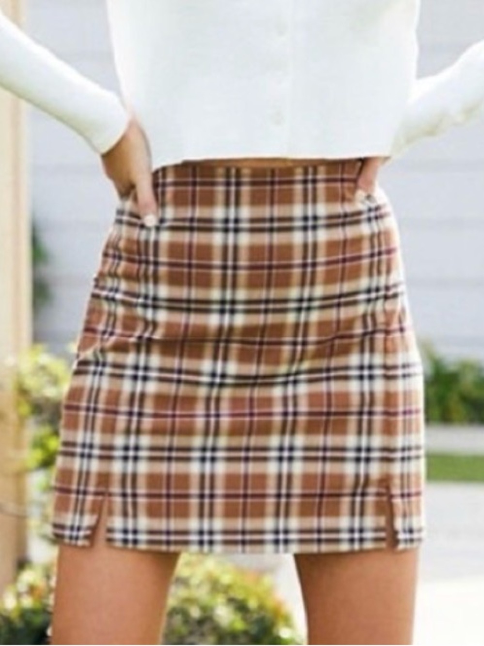 Brandy Melville Brown & Cream Plaid Mini Skirt
